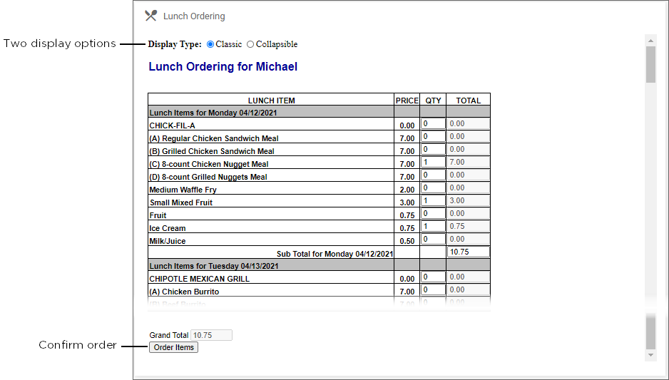 Family Portal Classic Order view