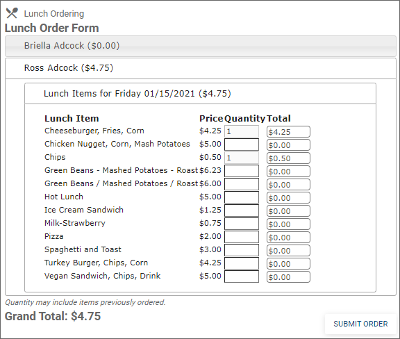 Family Portal Lunch Order options
