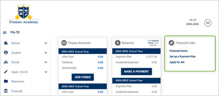 Family Portal with Financial page link for customers to access. 
