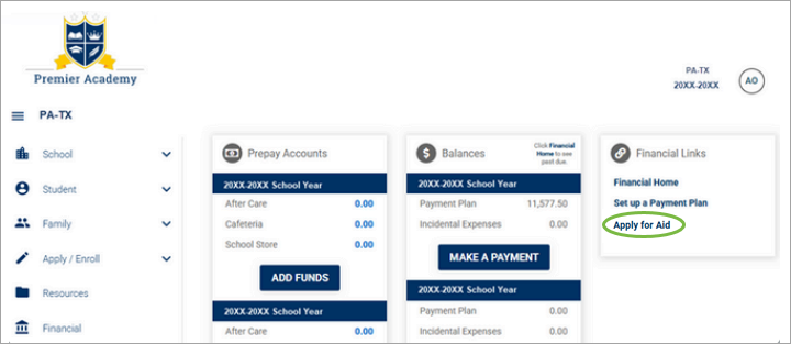 Family Portal with Financial page link for customers to access Apply for Financial Aid. 