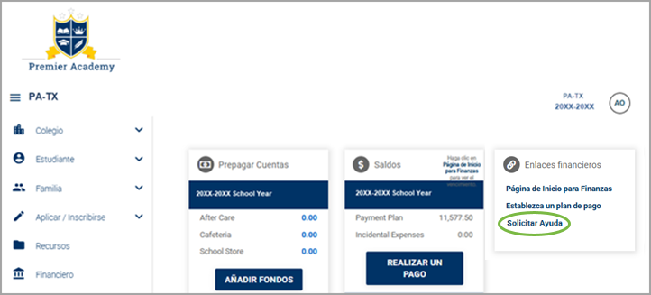 Portal familiar con enlace a la p&aacute;gina de informaci&oacute;n financiera para que los clientes puedan solicitar ayuda financiera.