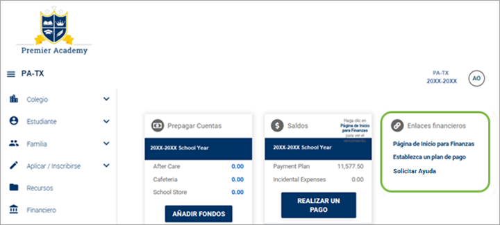 Portal familiar con enlace a la p&aacute;gina financiera para que el cliente acceda.