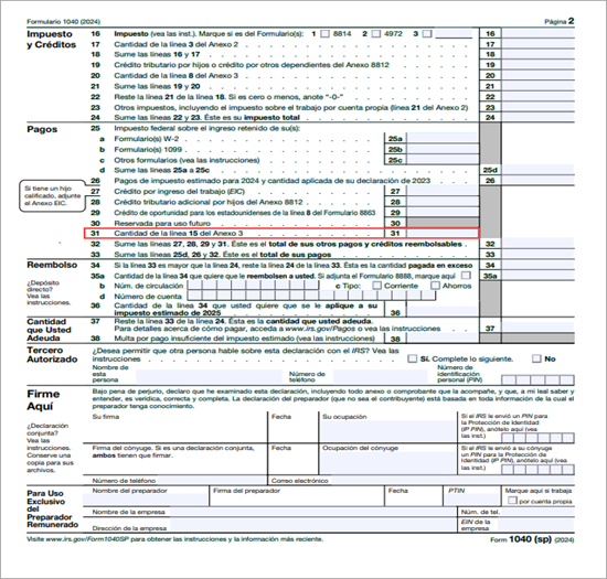 2024 1040 p&aacute;gina 2 en Espa&ntilde;ol.