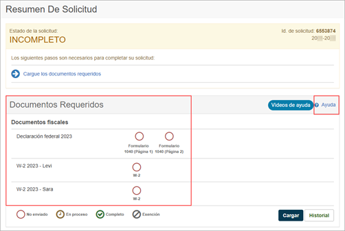 El resumen de la solicidtud en Espa&ntilde;ol.