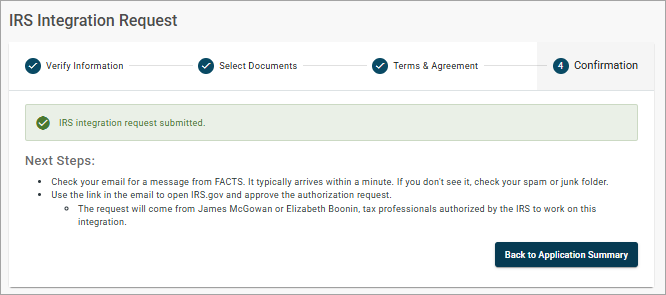 IRS Confirmation page, confirming the IRS request was submitted. 