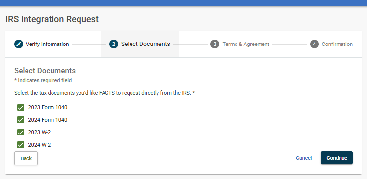 IRS select documents page when you must select the W-2's and 1040's. 