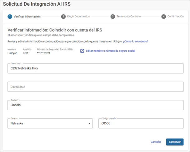 Página de verificación de información del IRS para el co-solicitante al iniciar la integración del IRS.
