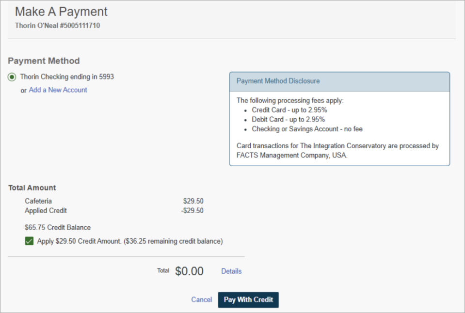 Method 2 payment using a full credit