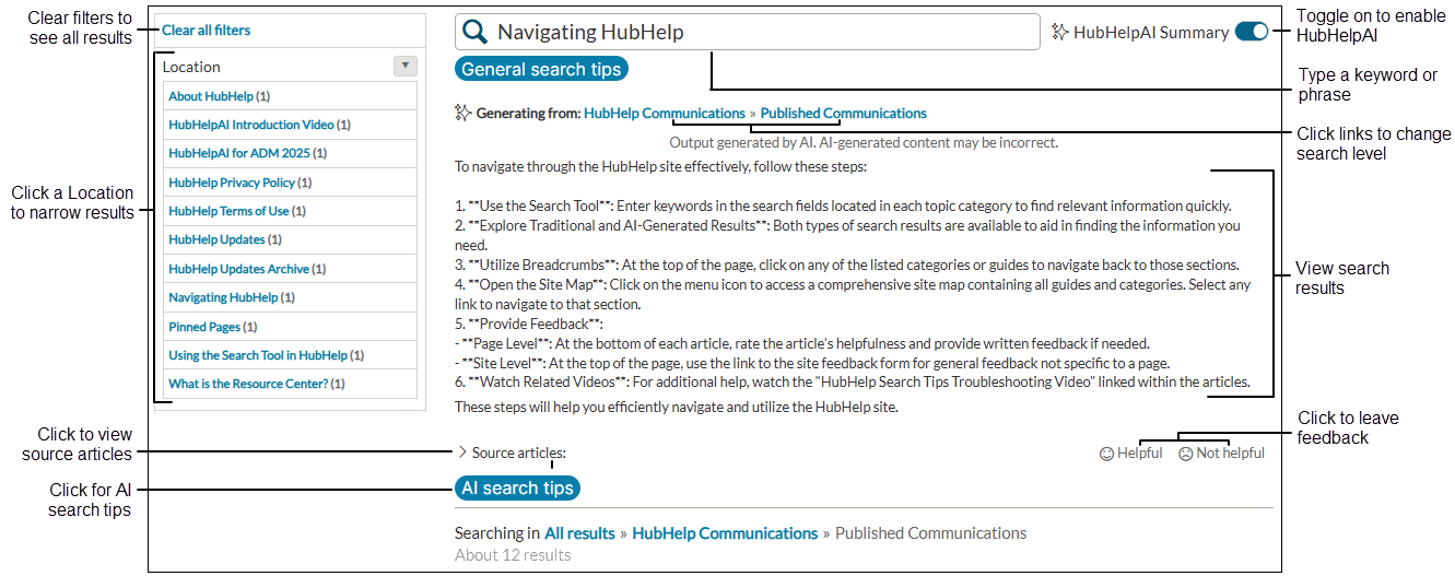 HubHelpAI Summary search results screen options