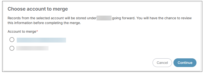 self service merge step 2: choose account to merge